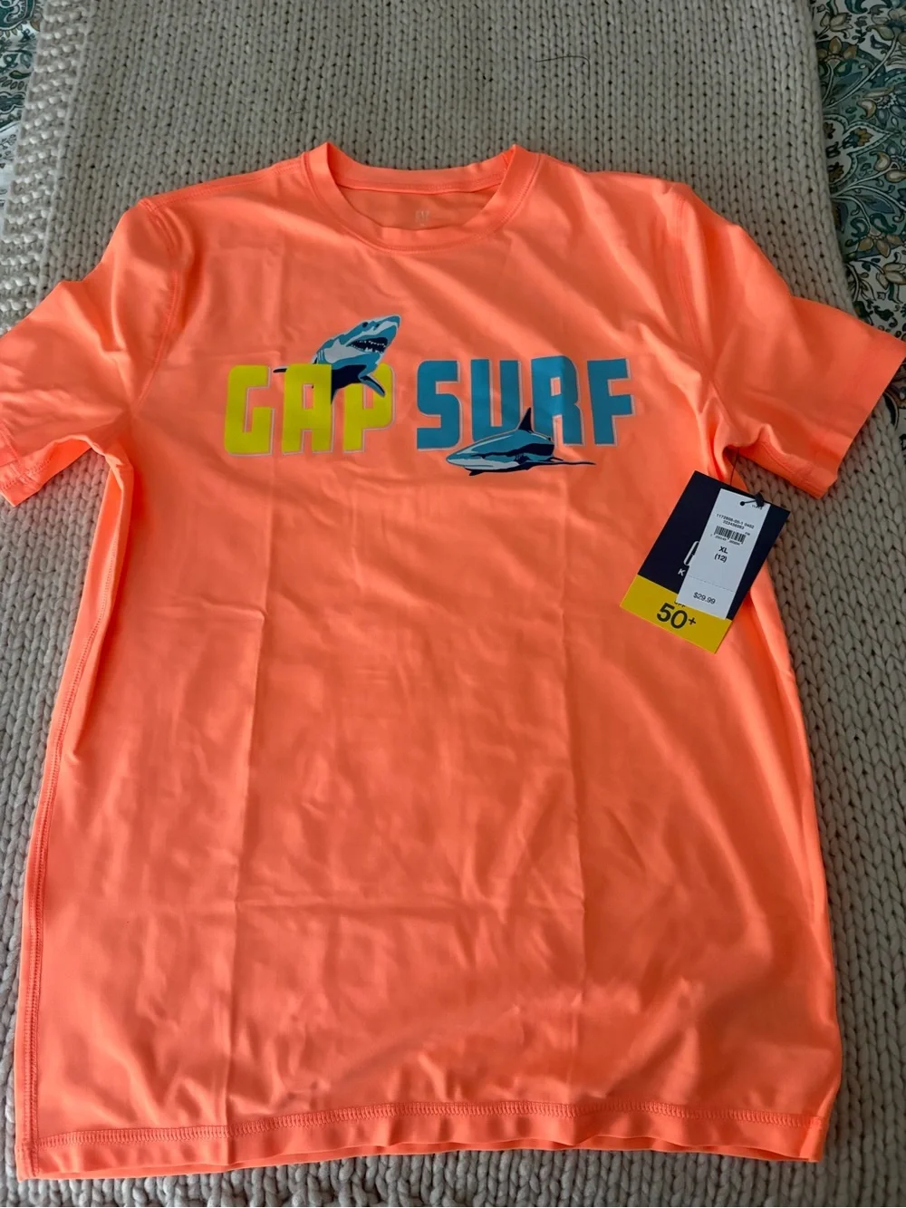 Carter's Neon Orange Short Sleeve Rash Tee with Blue Print